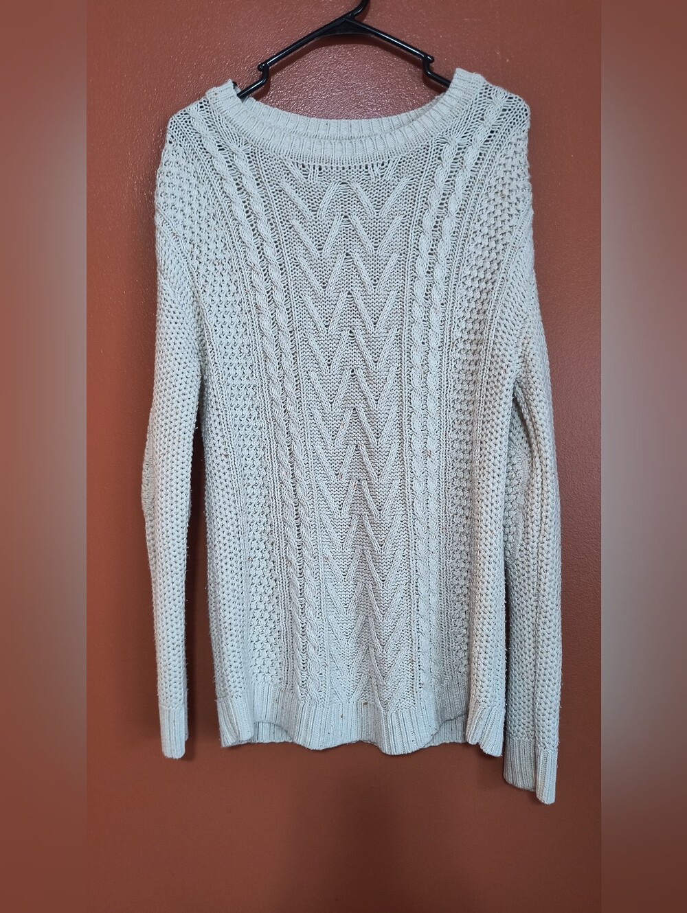 BDG Cream W/Orange Specks Cable Knit Scoop Neck Sweater With Cute Elbow Patches